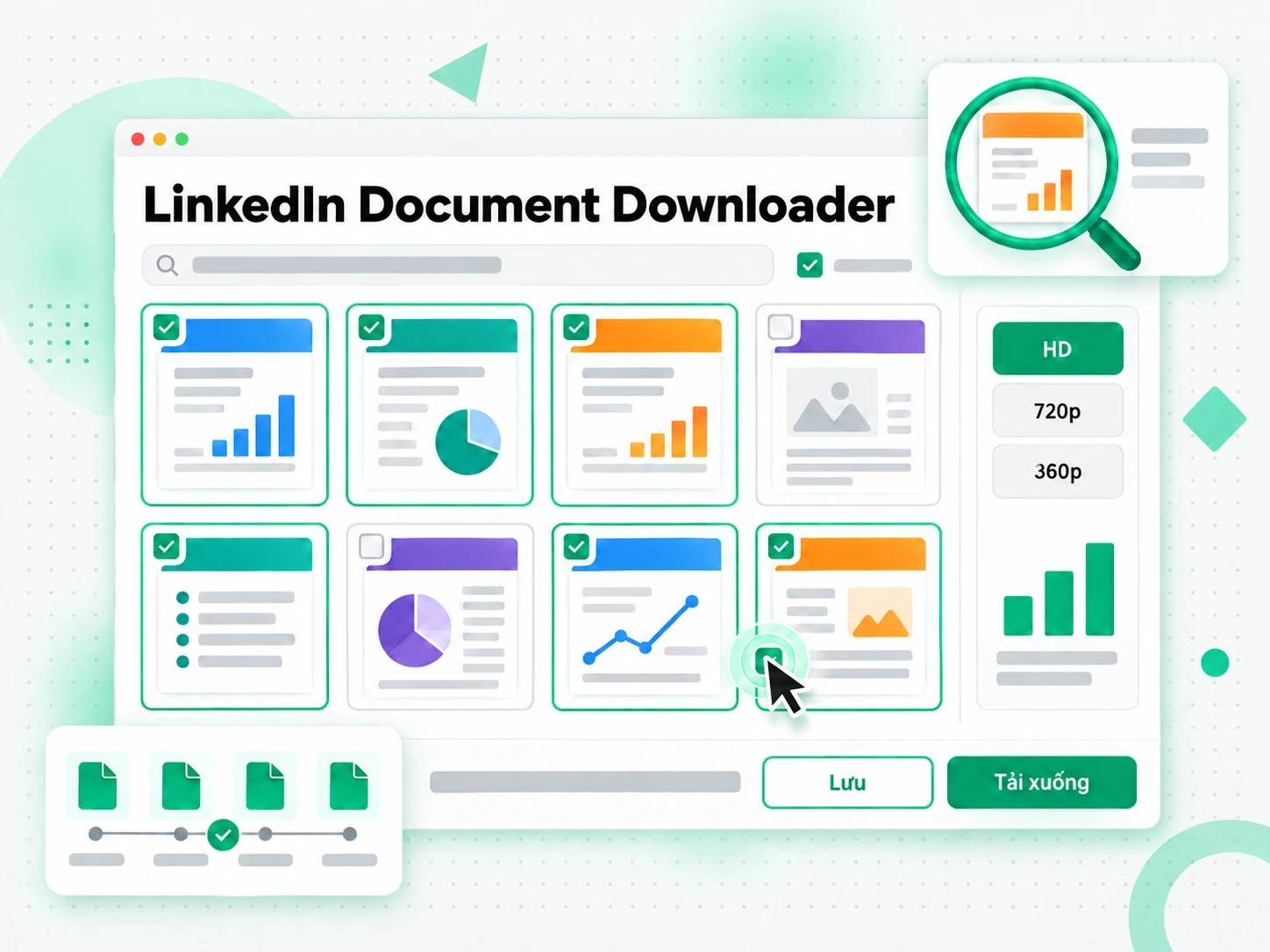 LinkedIn Document Downloader: lưới xem trước các trang được tìm thấy trong carousel