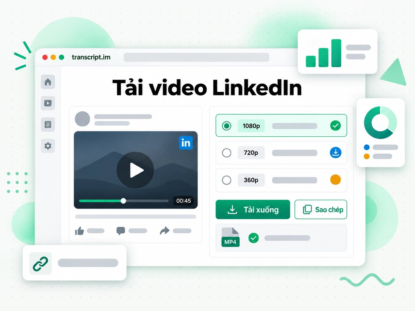 Tải video LinkedIn với URL bài đăng công khai và hai lựa chọn chất lượng MP4