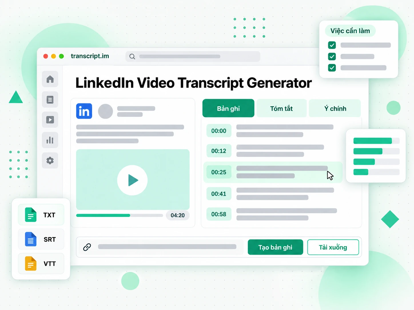 LinkedIn Video Transcript Generator hiển thị URL bài đăng công khai và bản ghi có mốc thời gian