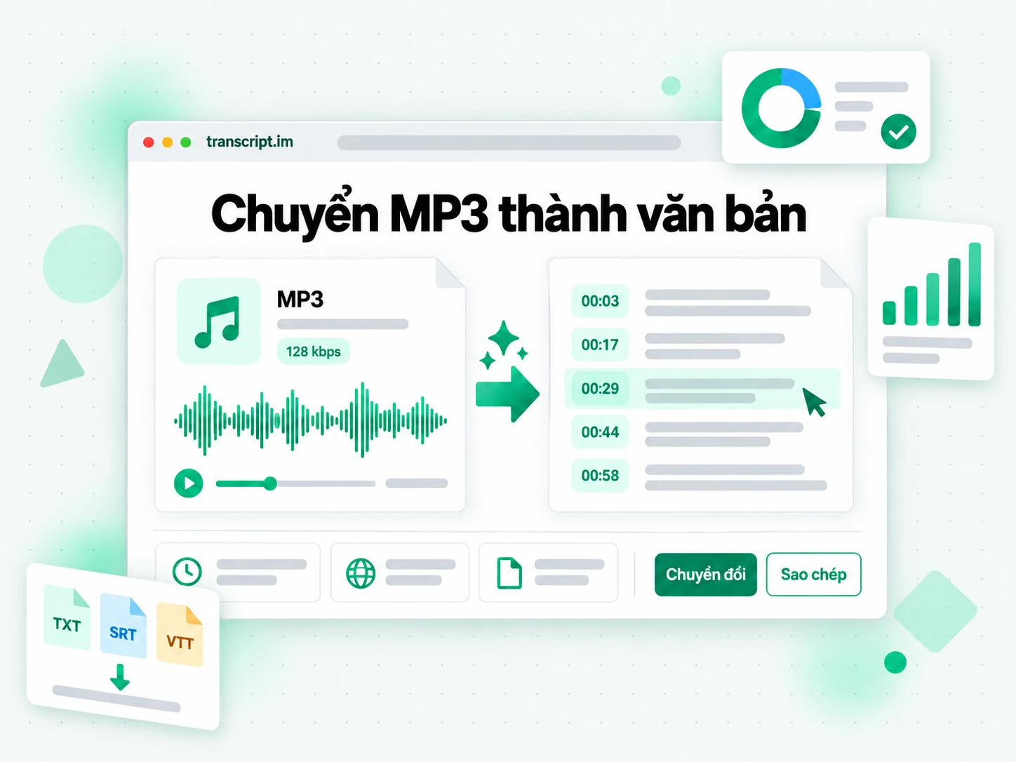 Chuyển MP3 thành văn bản từ tệp MP3 tải lên sang văn bản có mốc thời gian