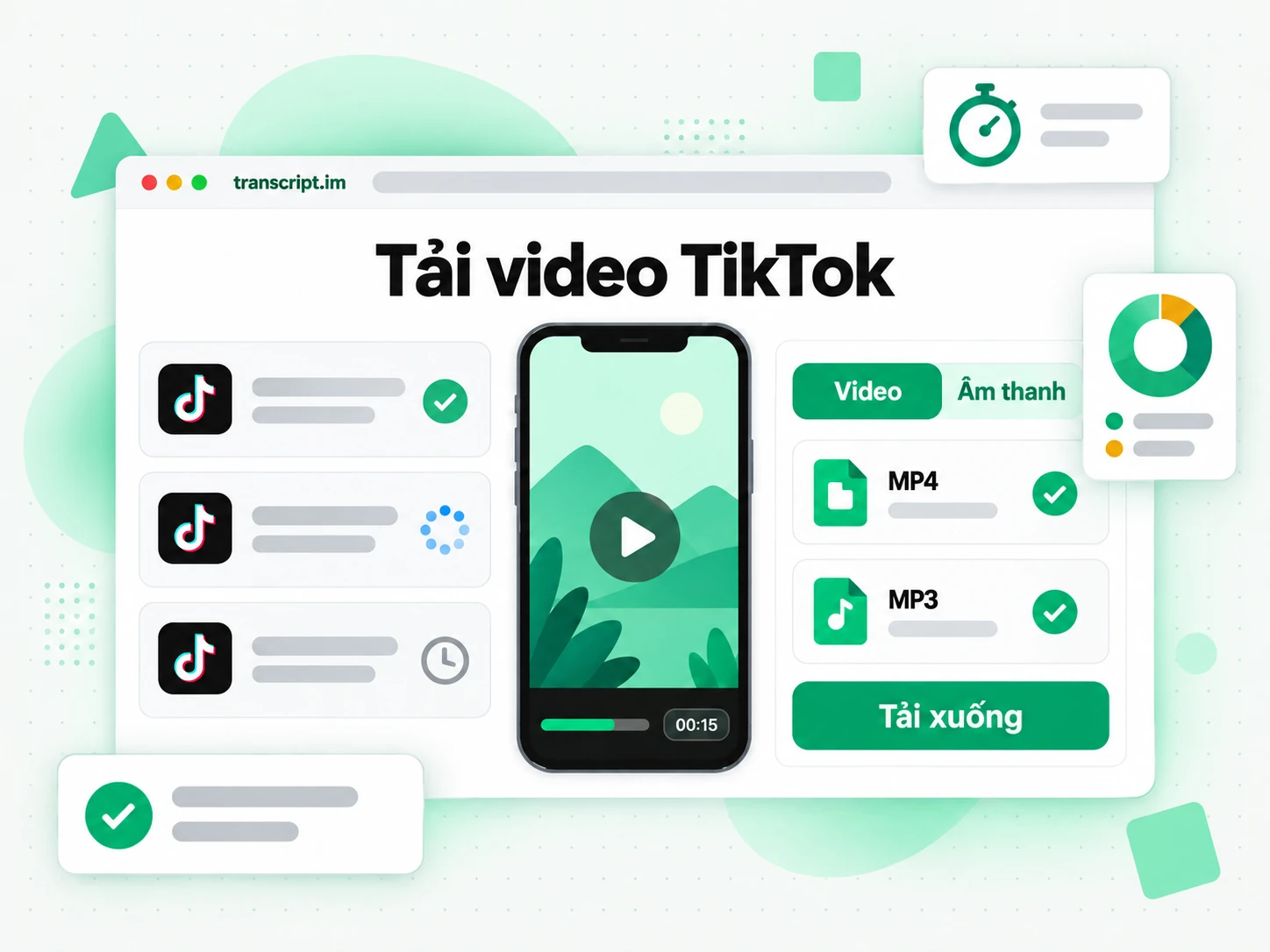Tải video TikTok với ô nhập liên kết, tab định dạng MP3, MP4 và nút tải xuống