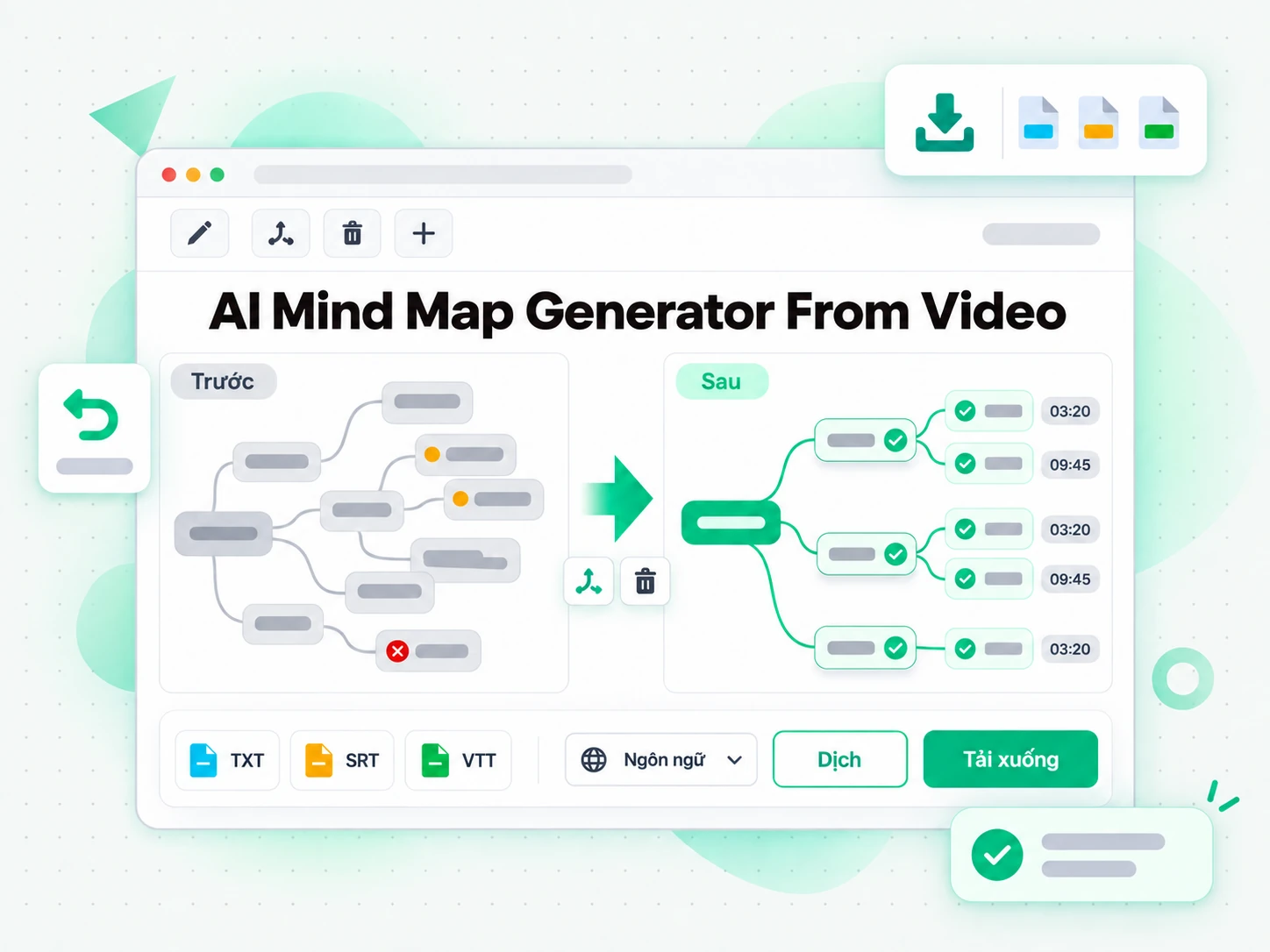 AI Mind Map Generator From Video đang chỉnh sửa và xuất sơ đồ