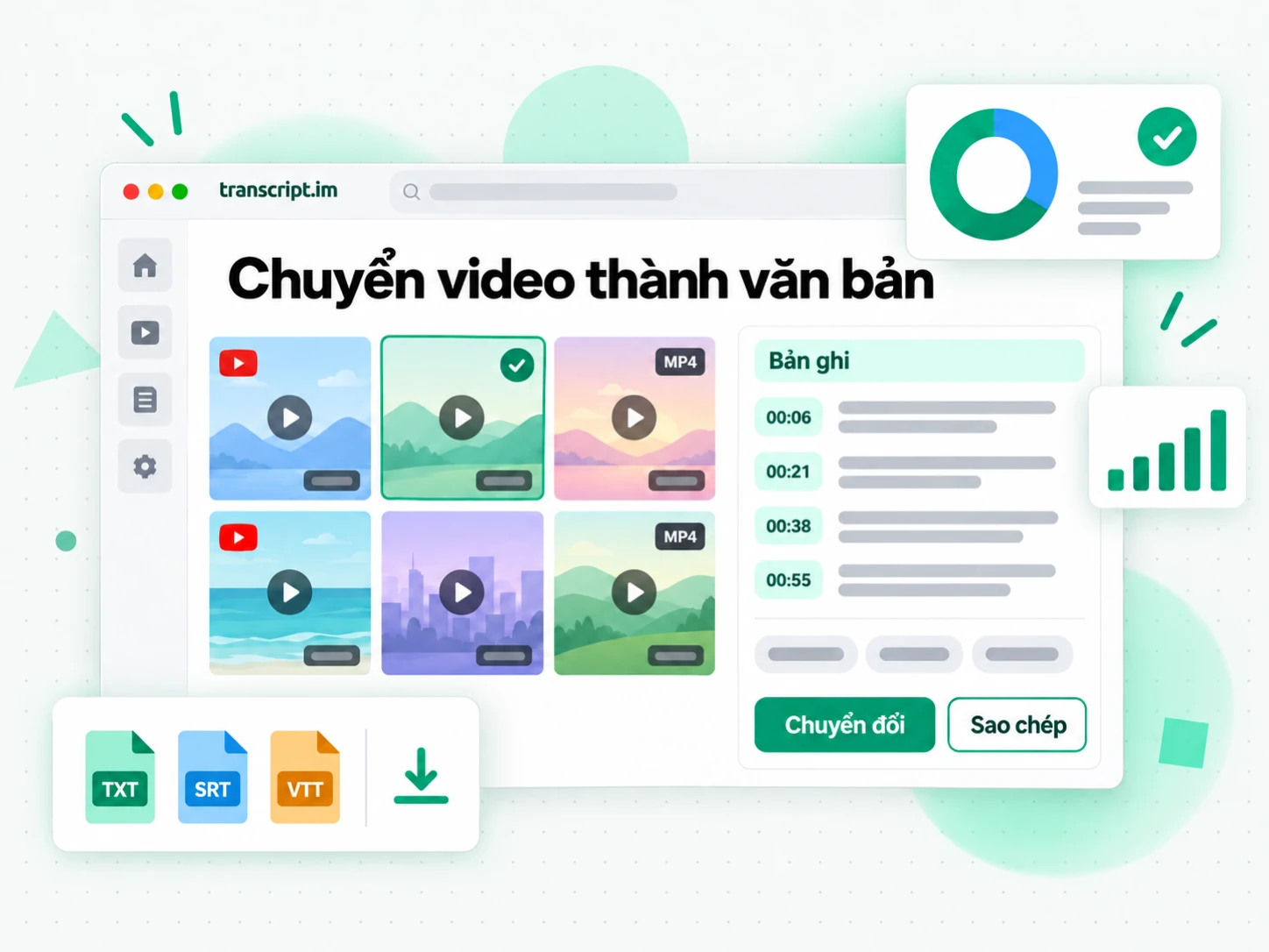Chuyển video thành văn bản từ tệp MP4 tải lên sang bản ghi có mốc thời gian