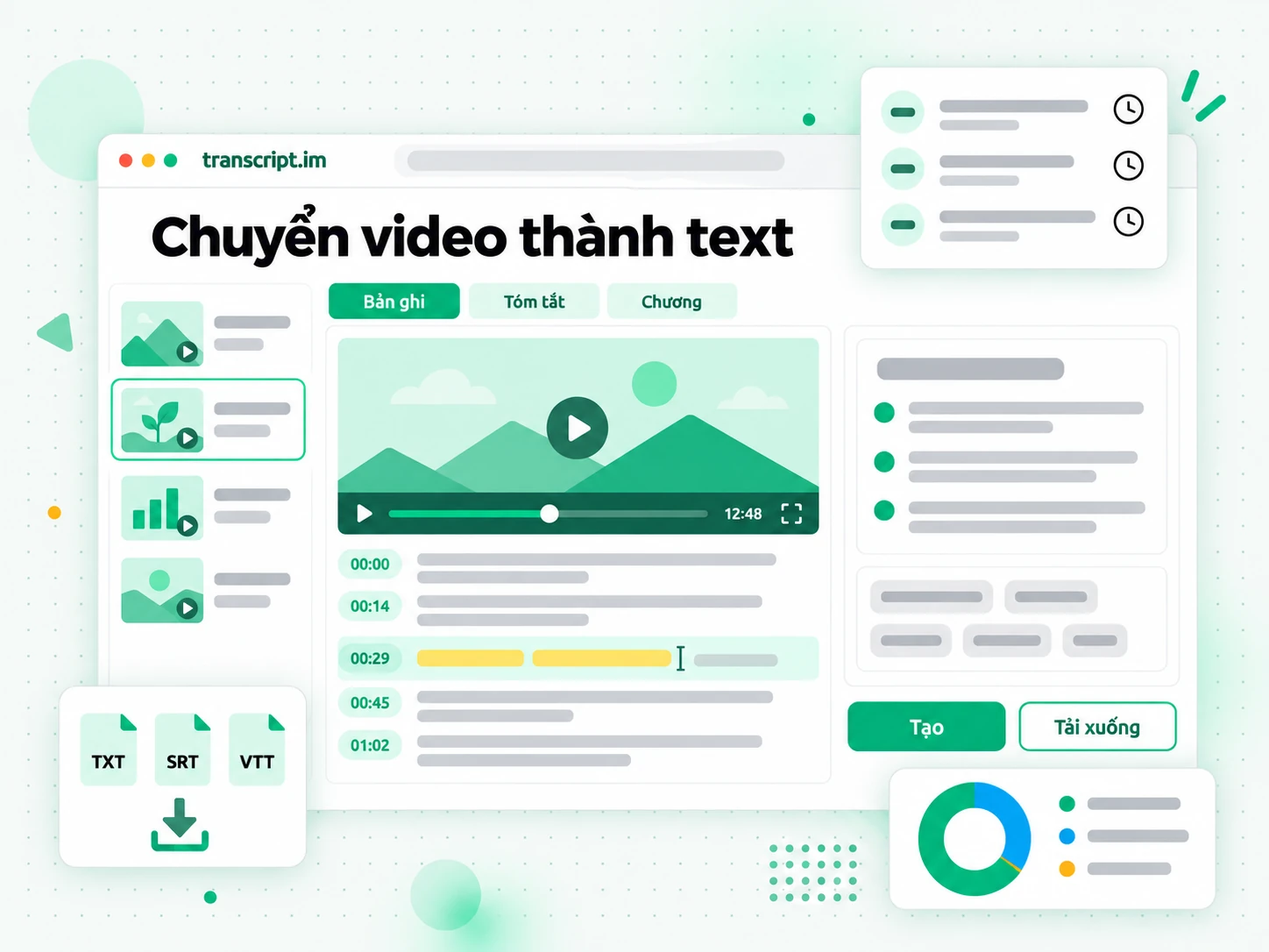 Chuyển video thành text biến video tải lên hoặc liên kết dán vào thành bản ghi có mốc thời gian