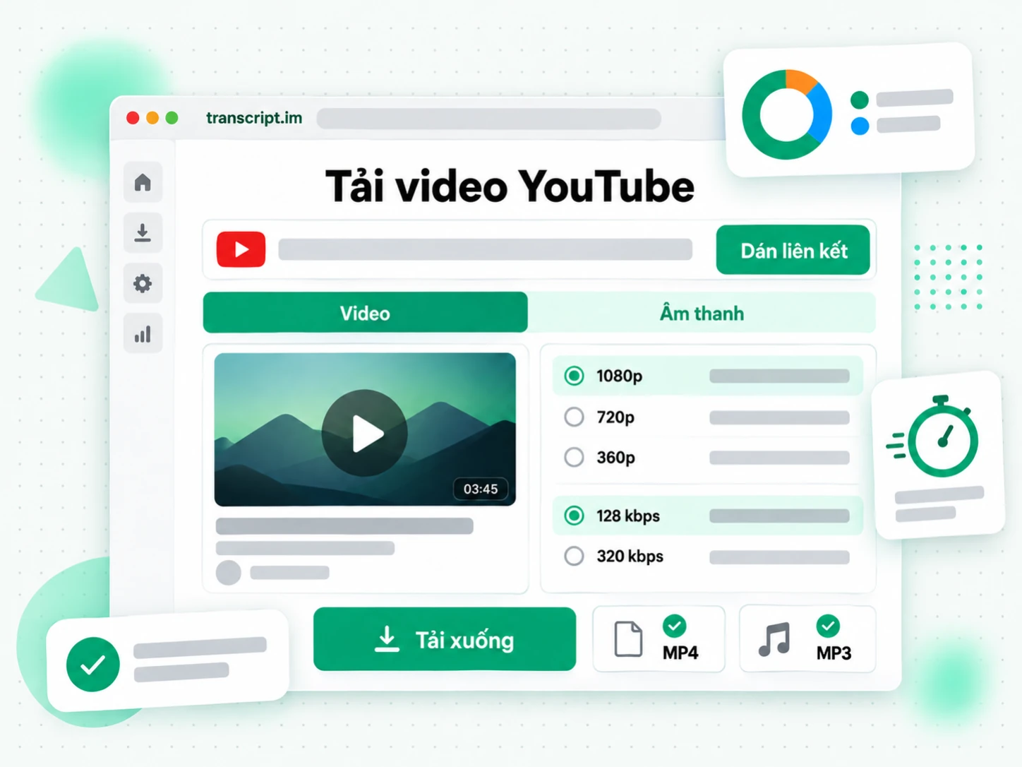 Tải video YouTube với ô nhập liên kết, tab định dạng MP3, MP4 và nút tải xuống