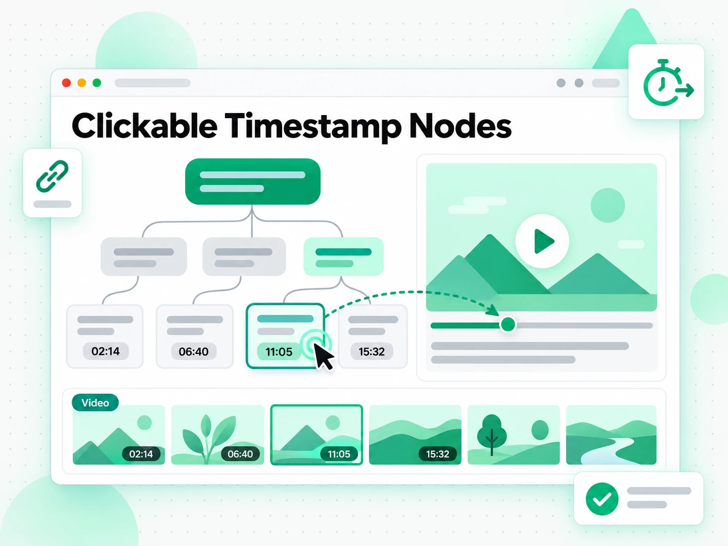 Video transcript turned into a branching mind map with clickable timestamp nodes