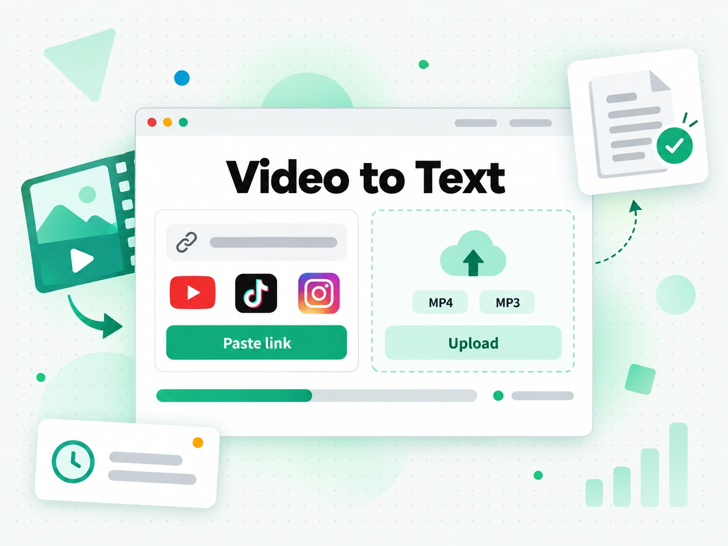 Video to Text: pasting a video link or uploading a file to start transcribing