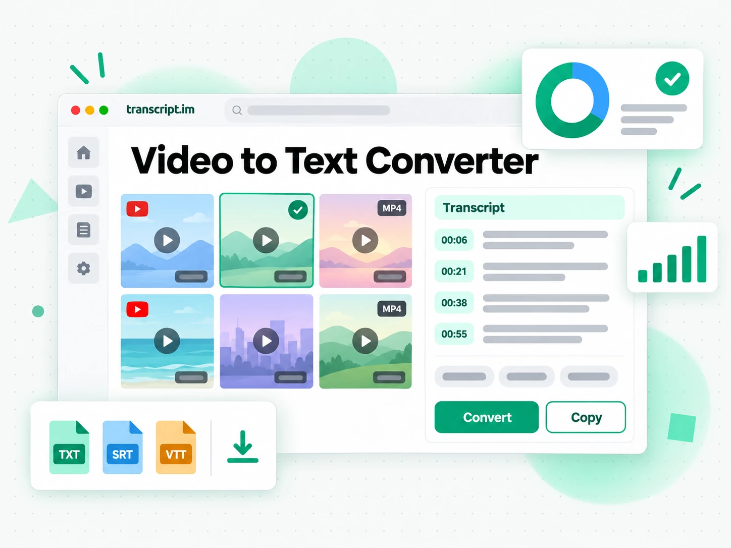 Video to text converter turning an MP4 upload into a timestamped transcript