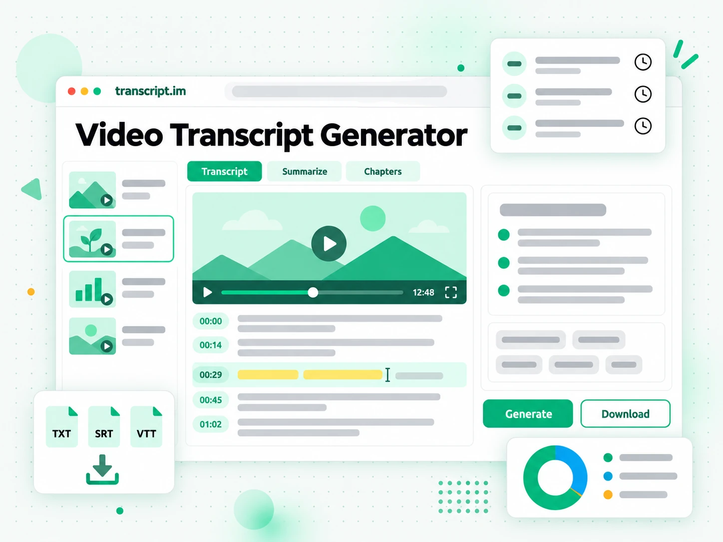 Video transcript generator turning an uploaded video or pasted link into a timestamped transcript