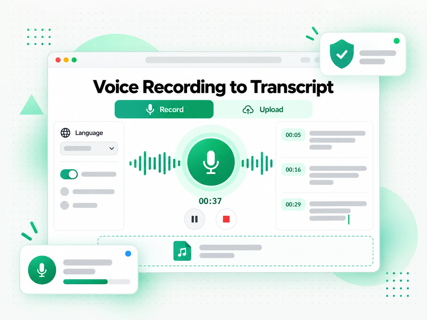 Voice Recording to Transcript: uploading a voice recording to the voice to text converter