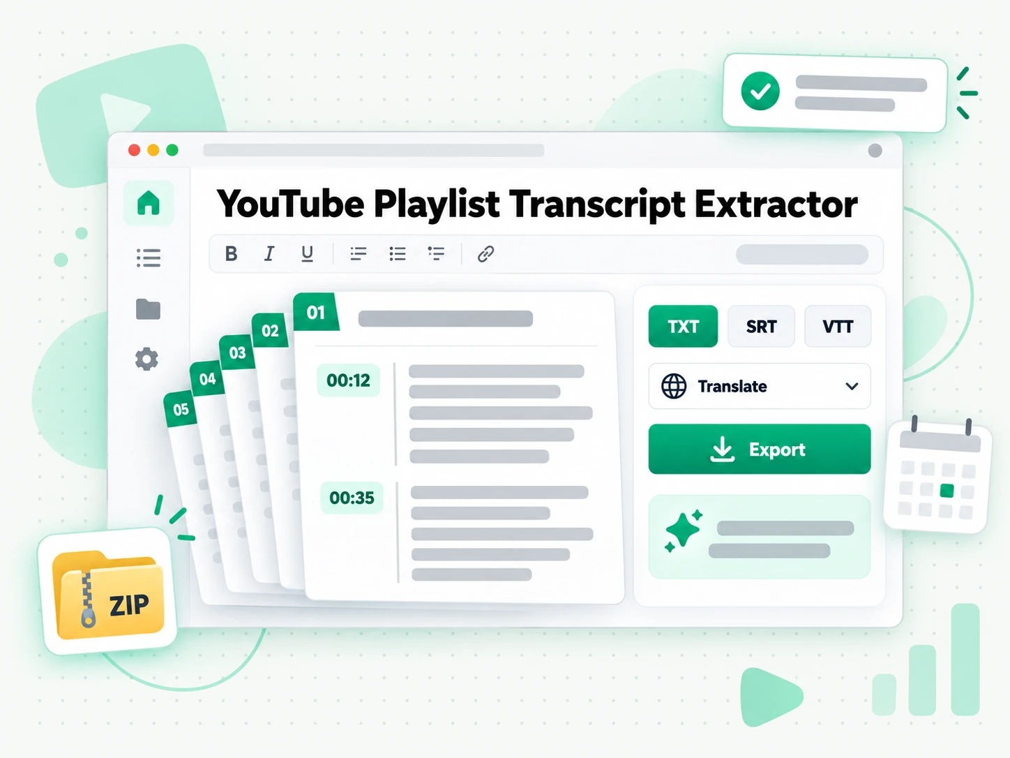 YouTube Playlist Transcript Extractor: exporting a merged YouTube playlist transcript as TXT, SRT, or VTT