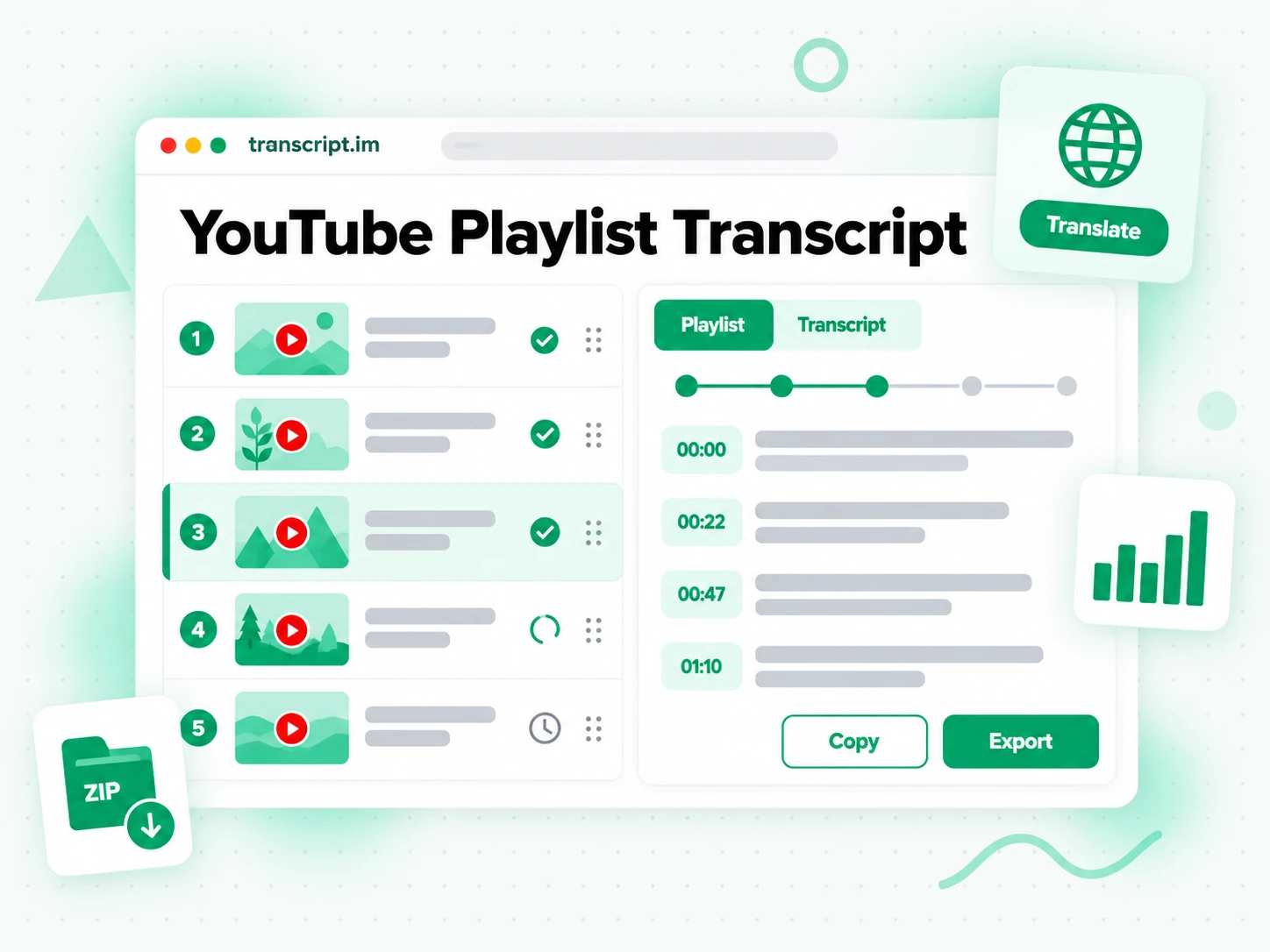 YouTube playlist transcript tool processing an entire playlist in parallel and merging the result