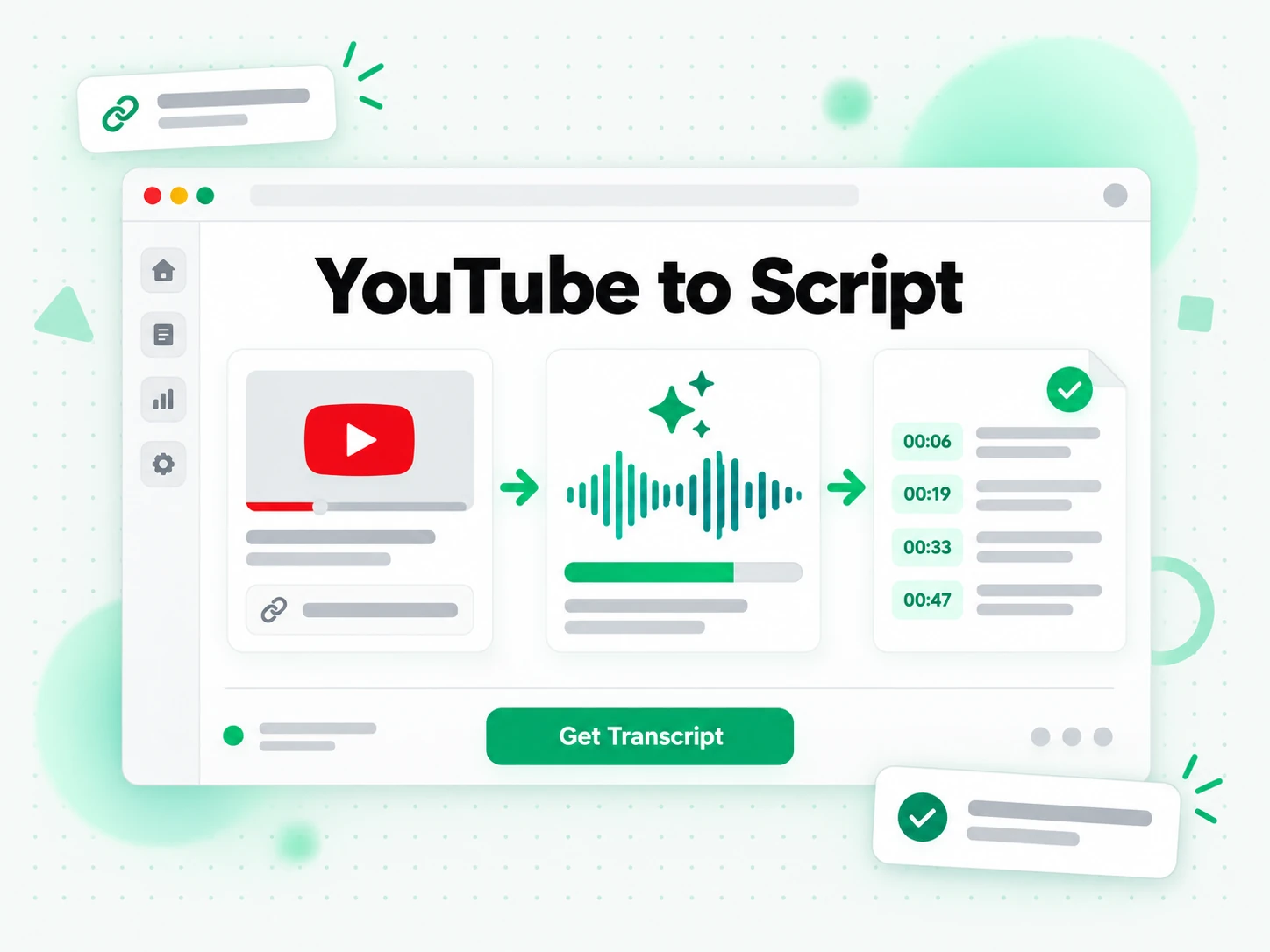 YouTube to Script: a public link pasted in and the spoken lines returned with timestamps