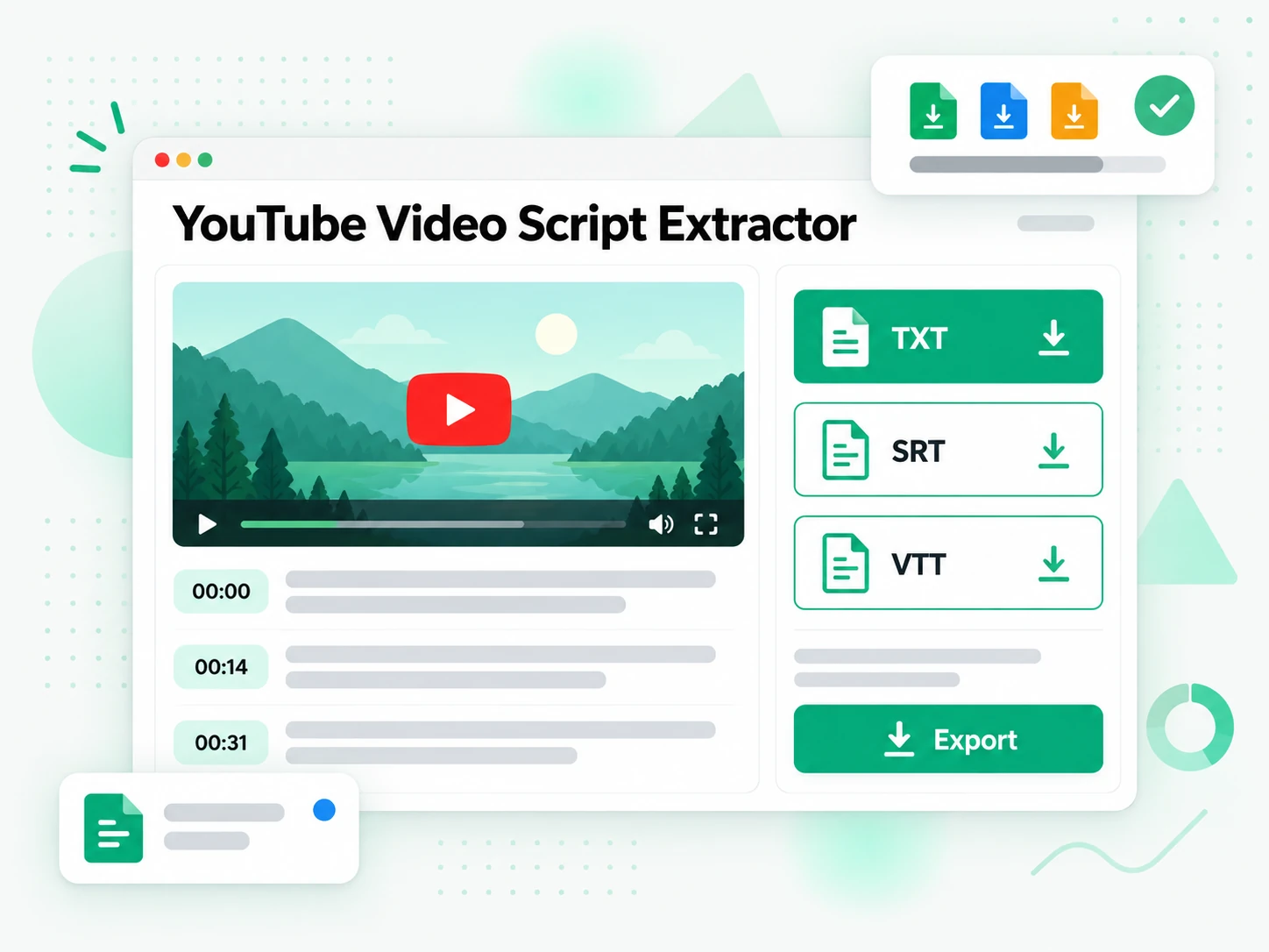 YouTube Video Script Extractor exporting the spoken lines as TXT, SRT, or VTT