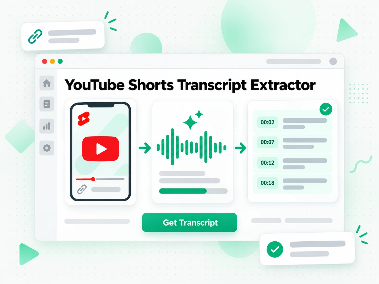 YouTube Shorts transcript extractor reading a public Shorts link into timestamped text