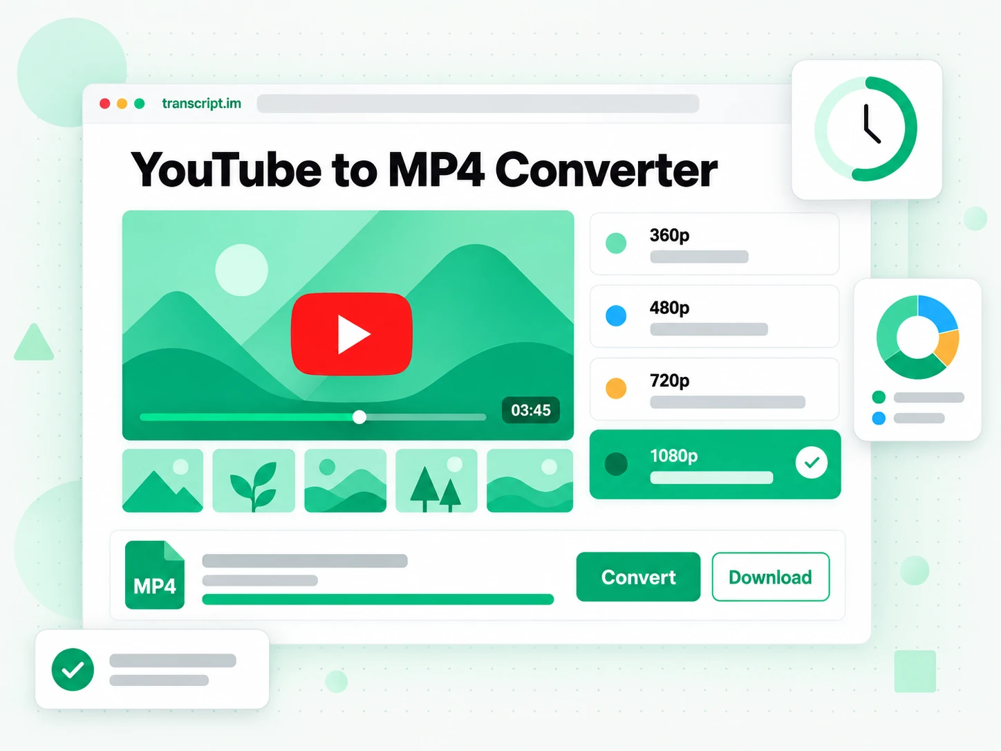 YouTube to MP4 Converter: a resolution grid from 360p to 1080p with 1080p selected and a Download MP4 button