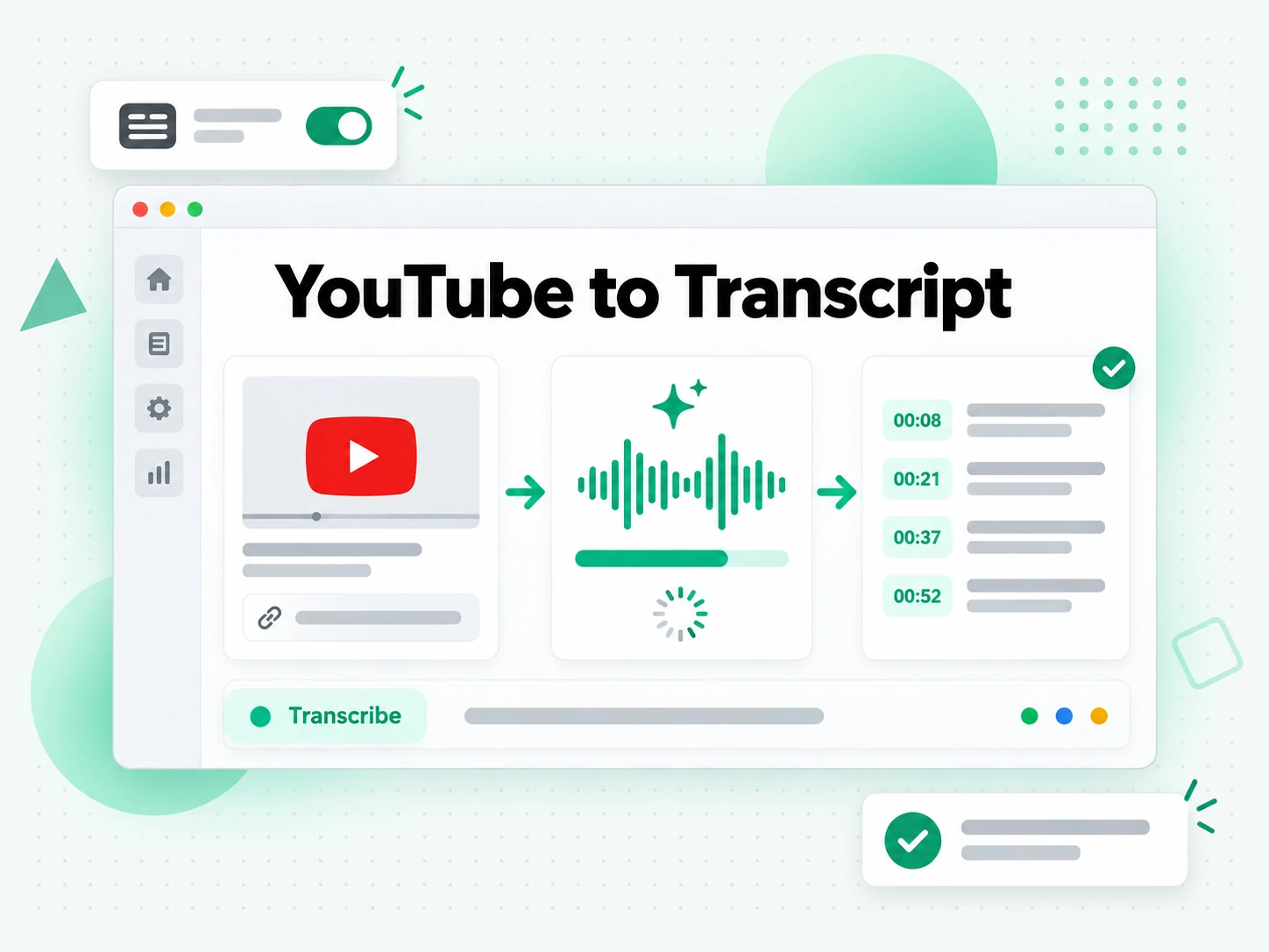 YouTube to Transcript: AI transcribing a YouTube video's audio into a timestamped transcript