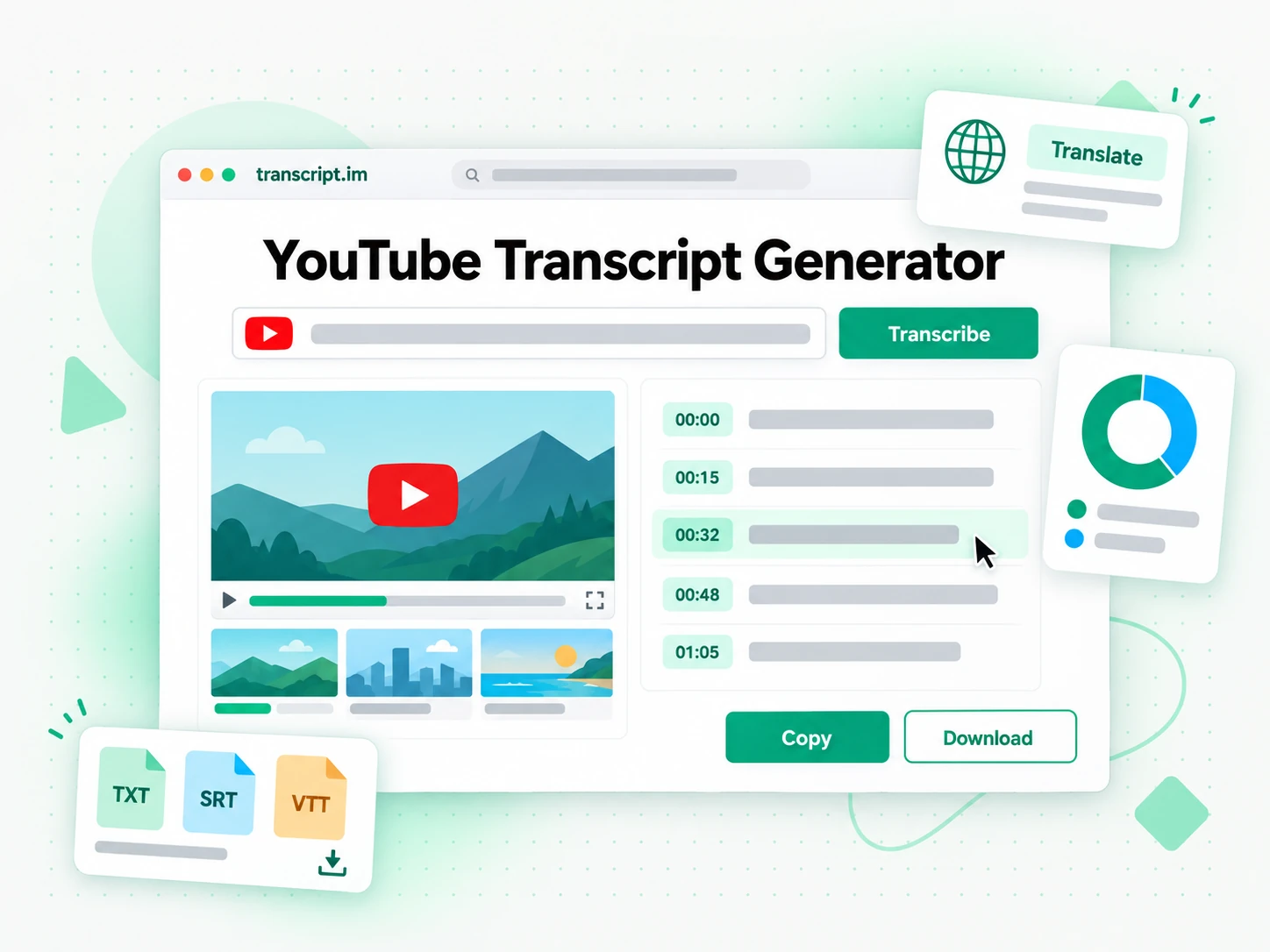 YouTube transcript generator turning a video into a timestamped transcript