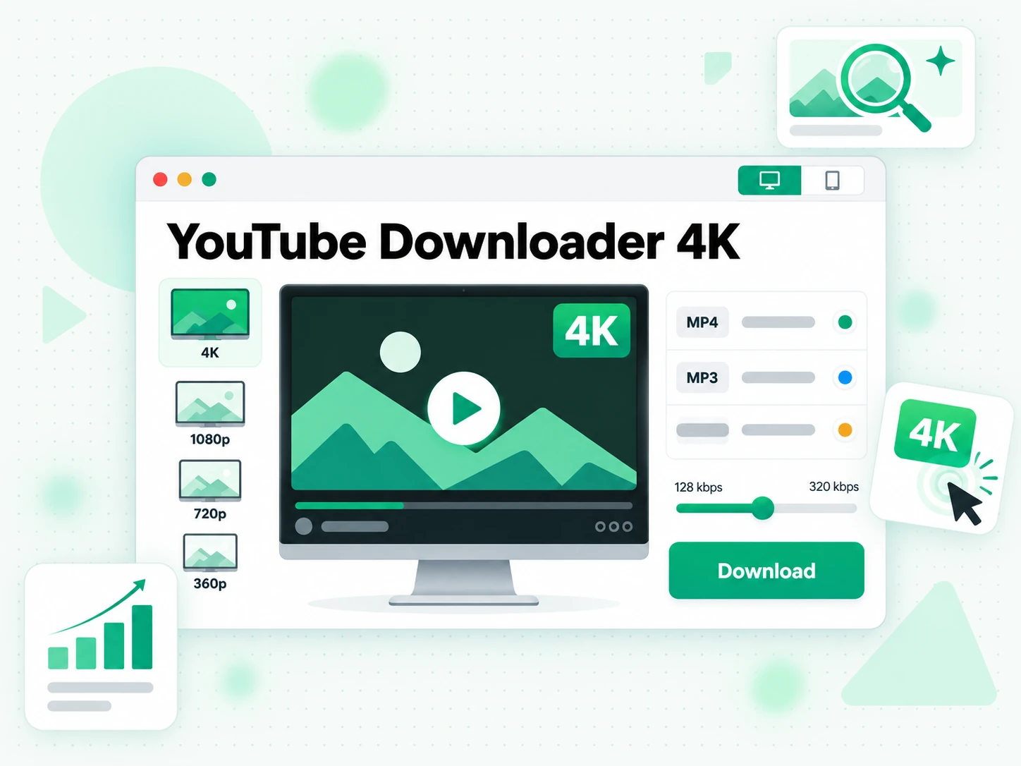 YouTube Downloader 4K: a row of MP4 resolution chips from 360p to 1080p