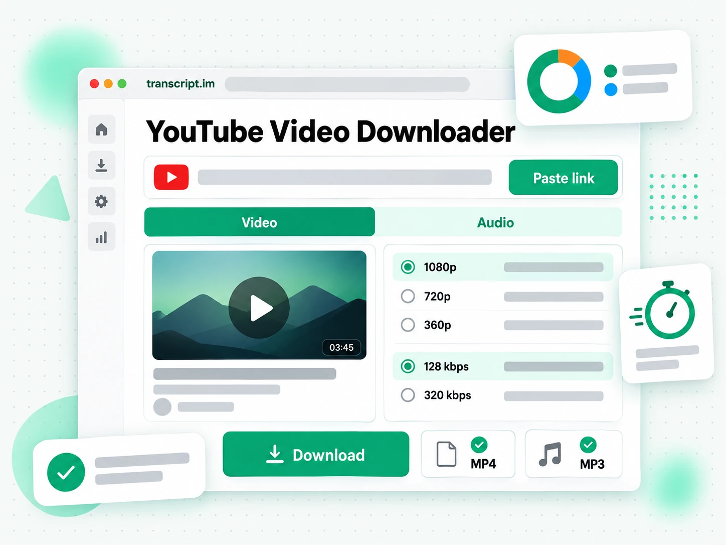 YouTube Video Downloader: YouTube Downloader link input with MP3 and MP4 format tabs and a Download button
