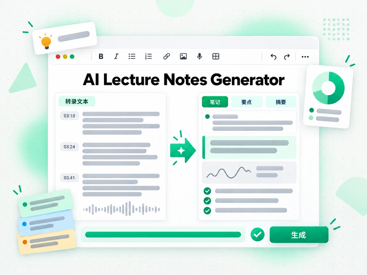 AI Lecture Notes Generator:把转录整理成笔记,而不是一整面文字
