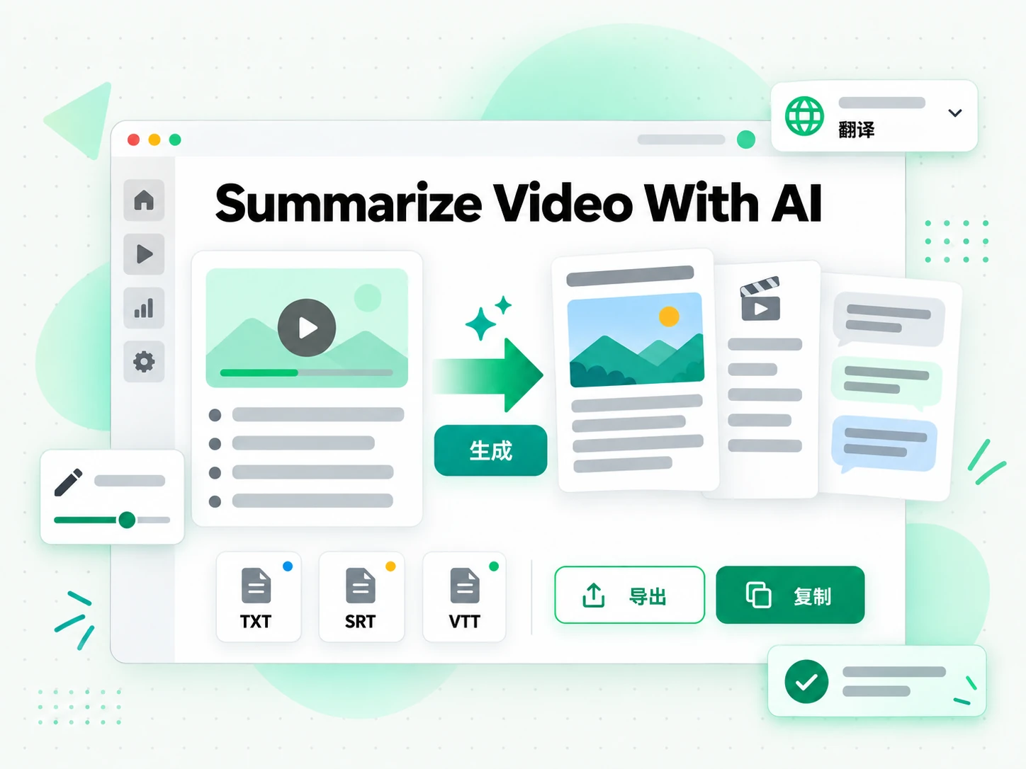 Summarize Video With AI:翻译、改写或导出摘要