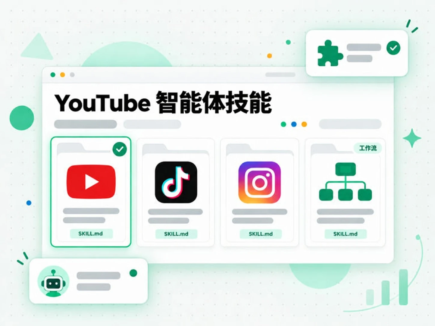 YouTube 智能体技能：YouTube、TikTok、Instagram 与工作流技能包