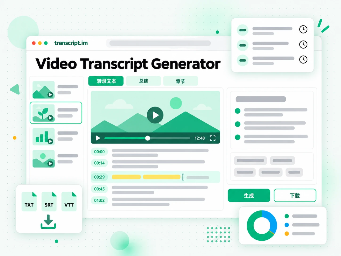 Video Transcript Generator 页面：粘贴链接后生成带时间戳的转录文本