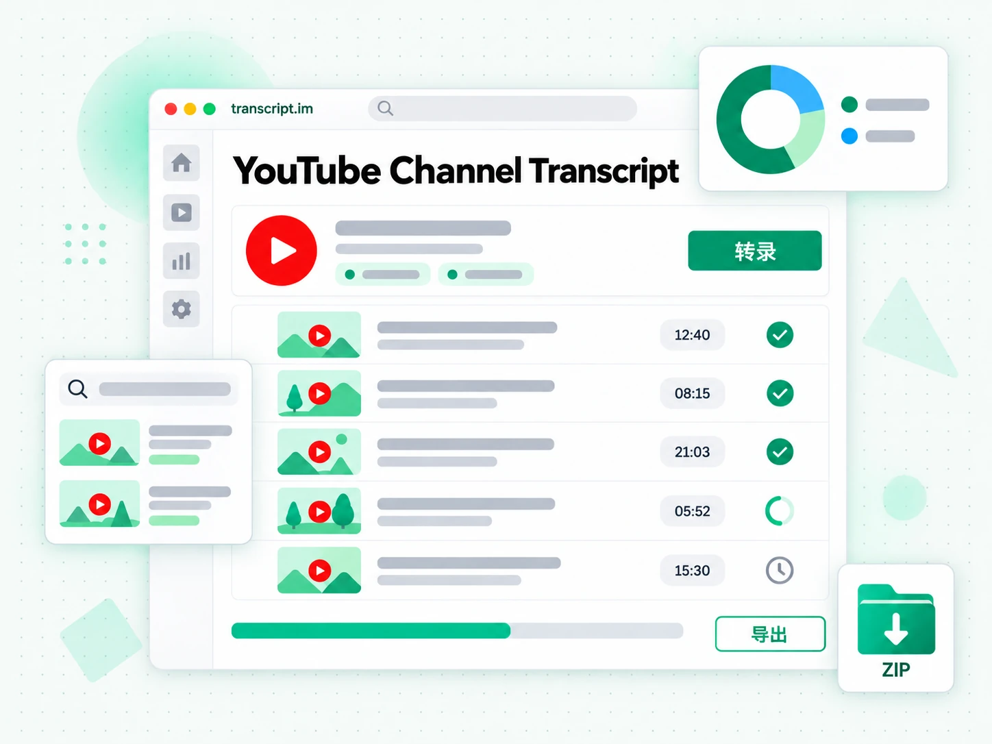 YouTube Channel Transcript 页面:粘贴链接后生成带时间戳的转录文本