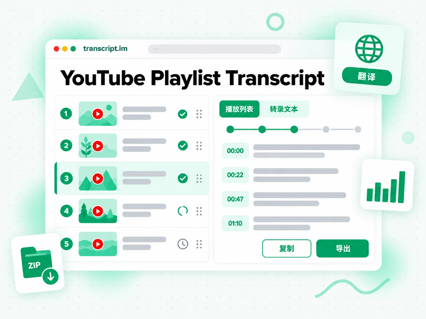 YouTube Playlist Transcript 页面:粘贴链接后生成带时间戳的转录文本