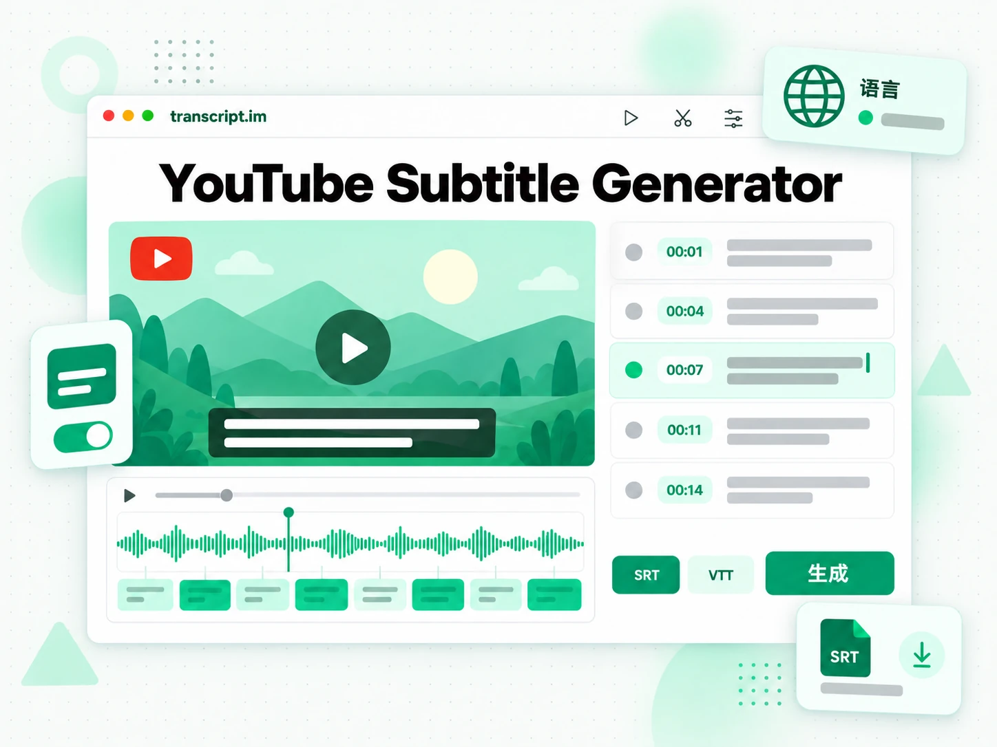 YouTube Subtitle Generator 页面:粘贴链接后生成带时间戳的转录文本