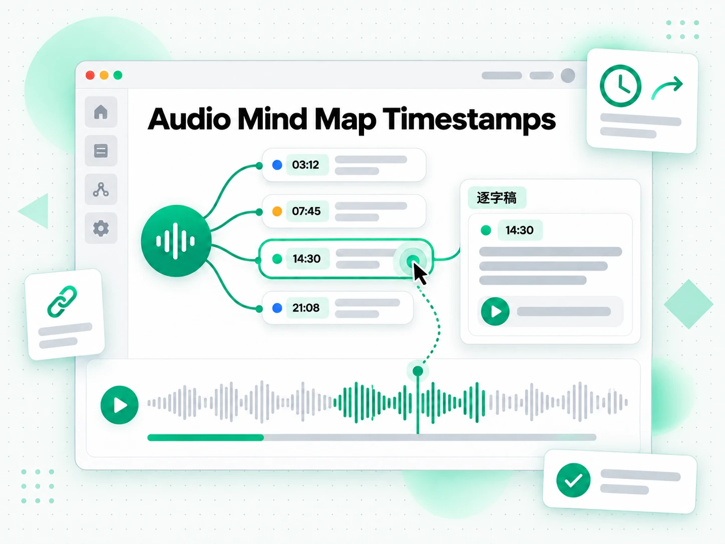 Audio Mind Map Timestamps:逐字稿展開成帶可點擊時間戳節點的心智圖