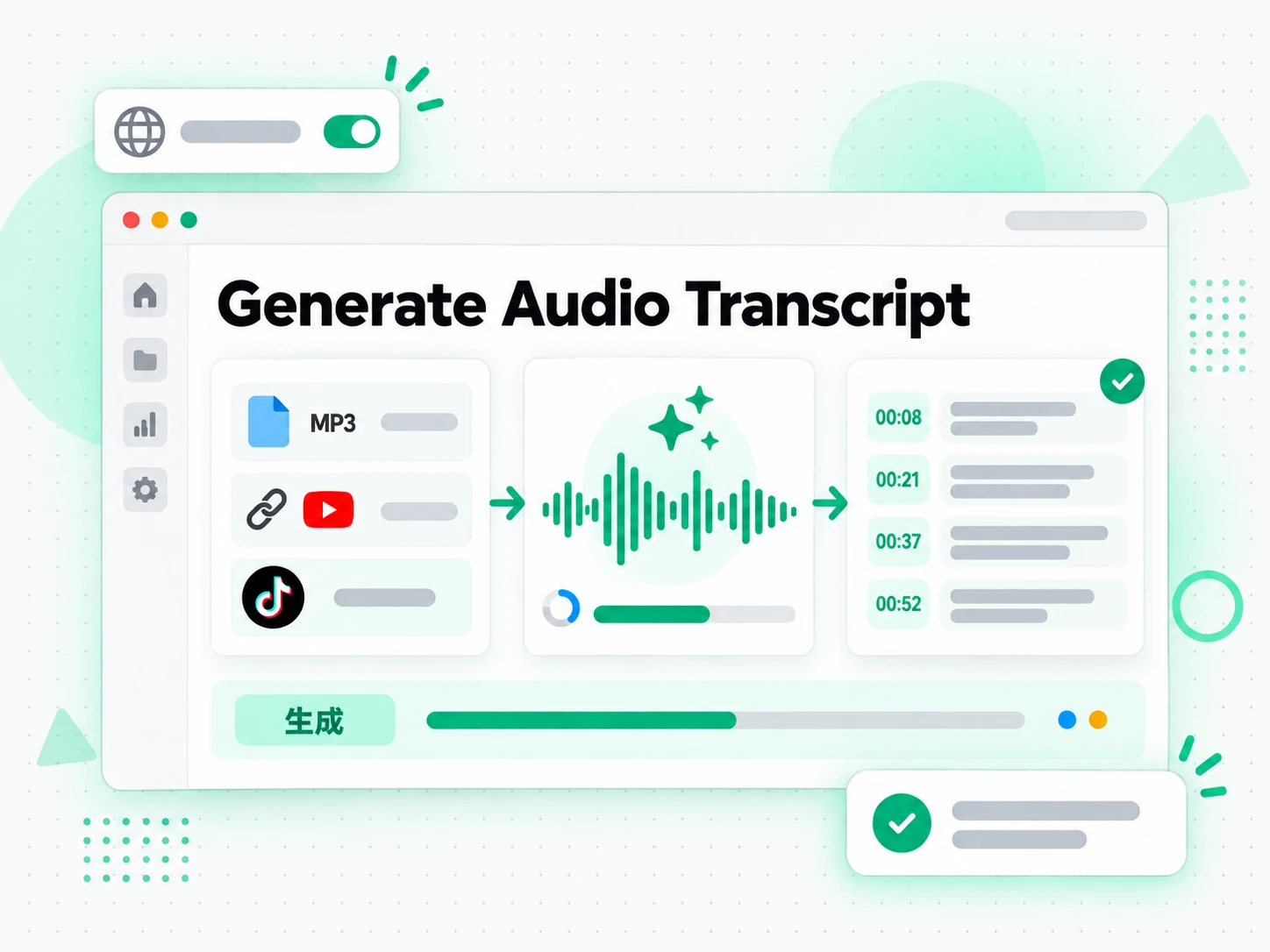 Generate Audio Transcript：上傳音檔或貼上連結即可產生