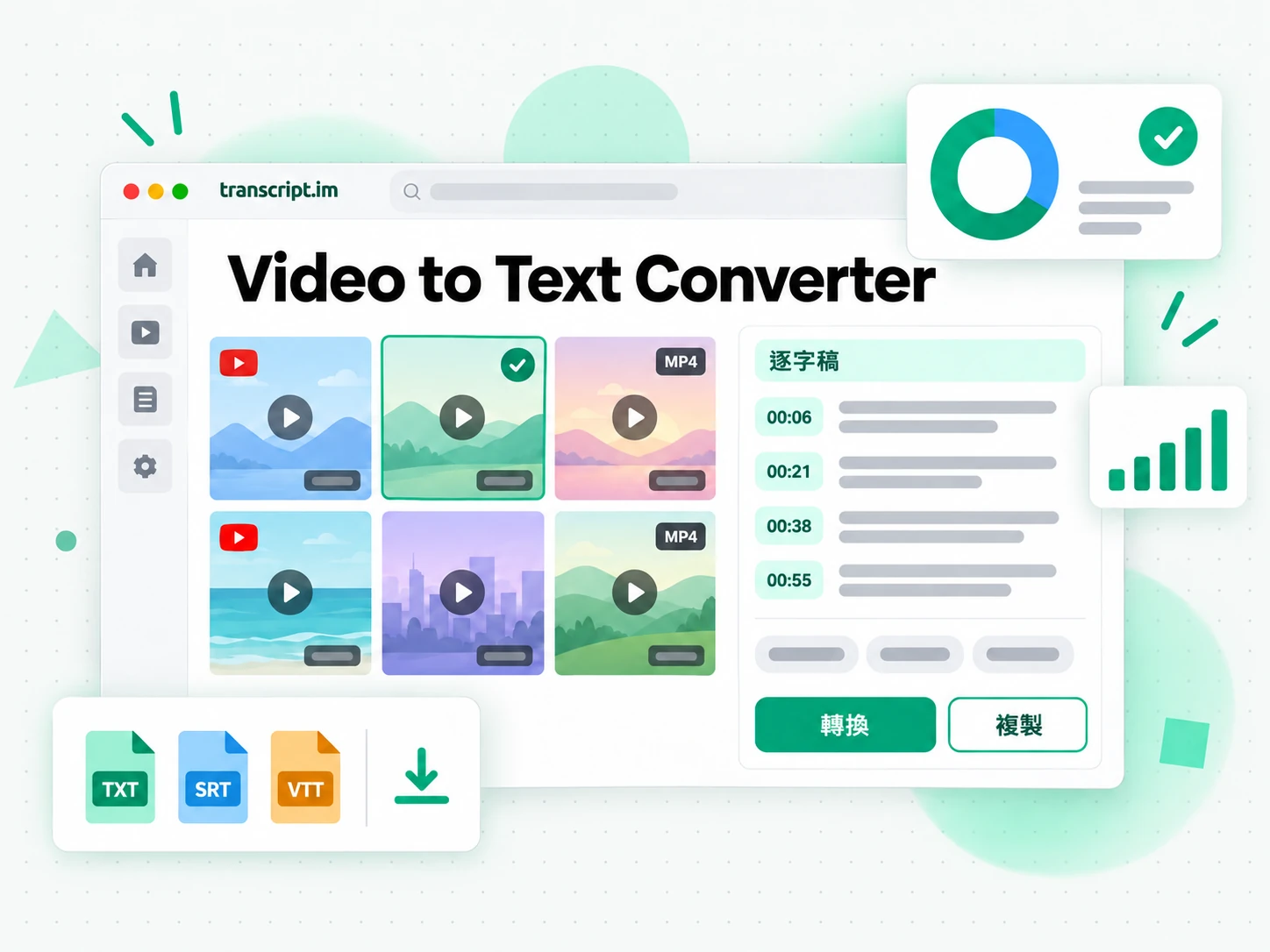 Video to Text Converter 把上傳的 MP4 影片轉成帶時間戳的逐字稿